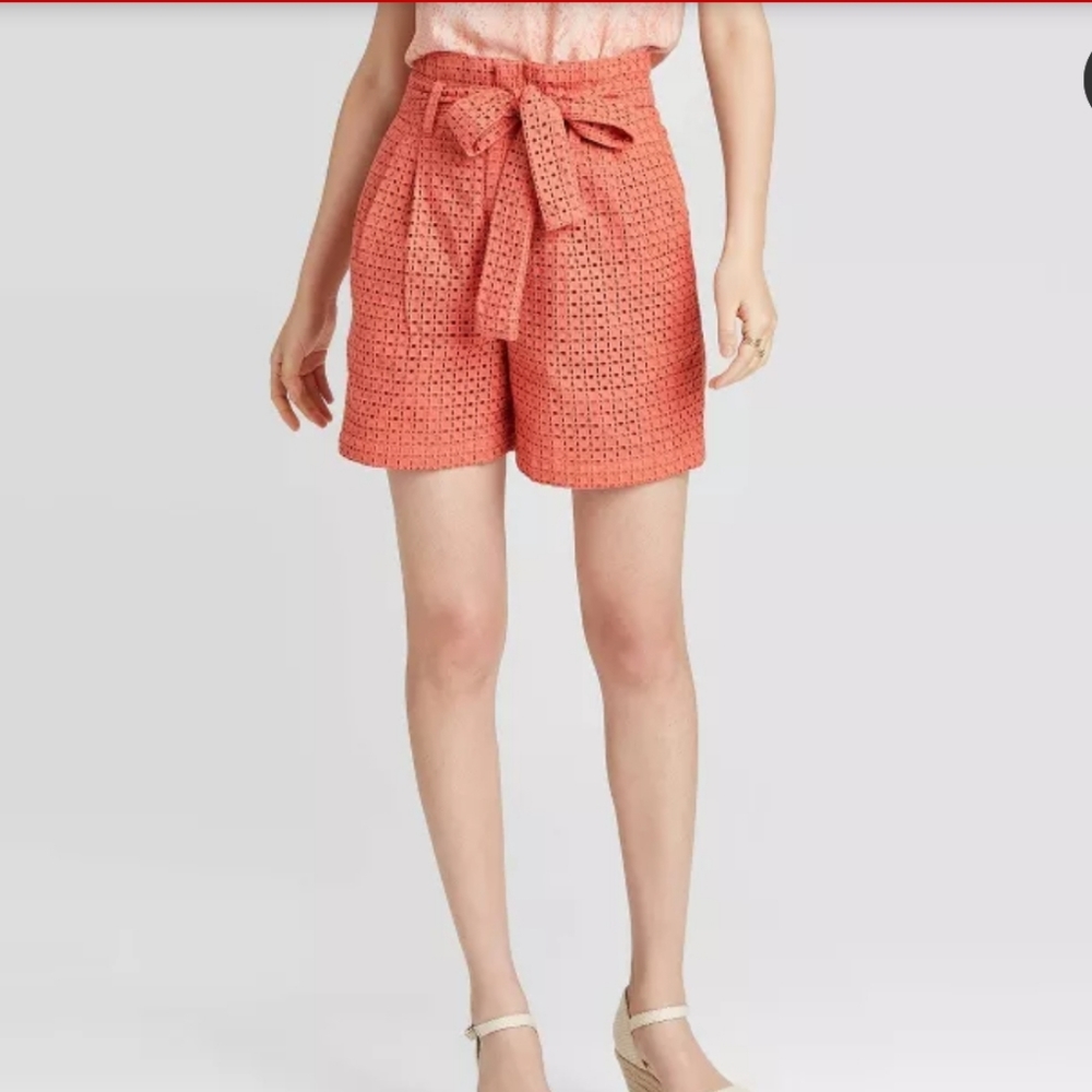 Coral eyelet high rise paperbag shorts a new day
